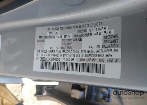 2018 Mazda Mazda3 Touring из США, поврежденный, VIN 3MZBN1L34JM190824